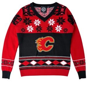 Calgary Flames NHL Ugly Christmas Sweater V-Neck Knit Red Black Unisex Large